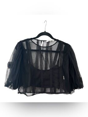 Zara Black Mesh Lace Crop Puff Sleeve Top